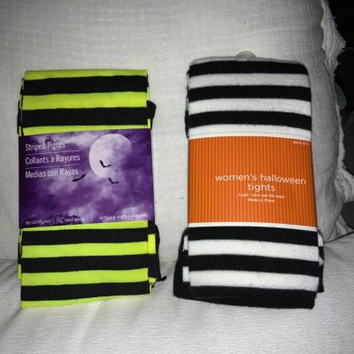 2 pair stripe Halloween tights neon yellow / black white / black One Size